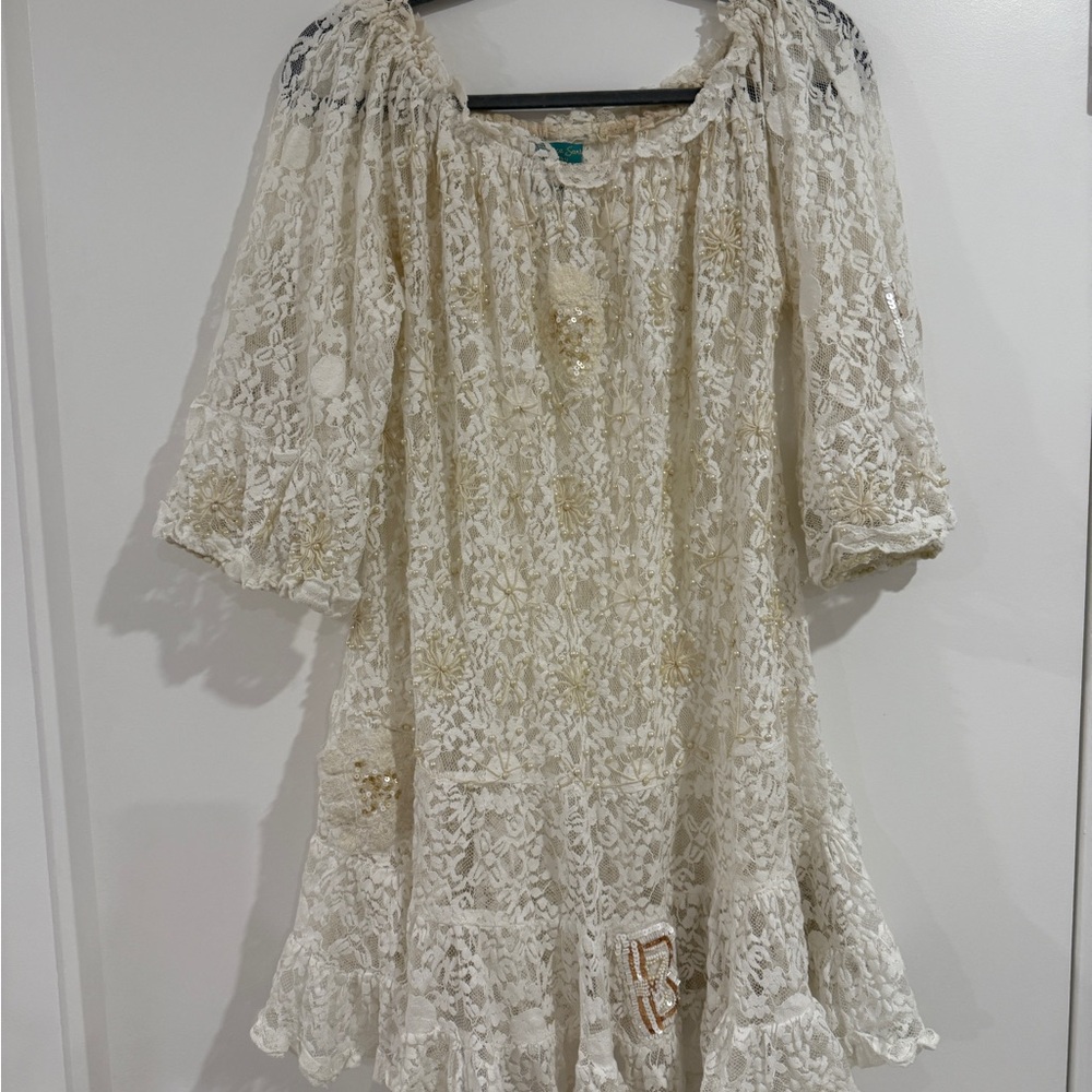 Antica Sartoria Cream Ruffled Tiered Lace Mini Dress with Bishop Sleeves